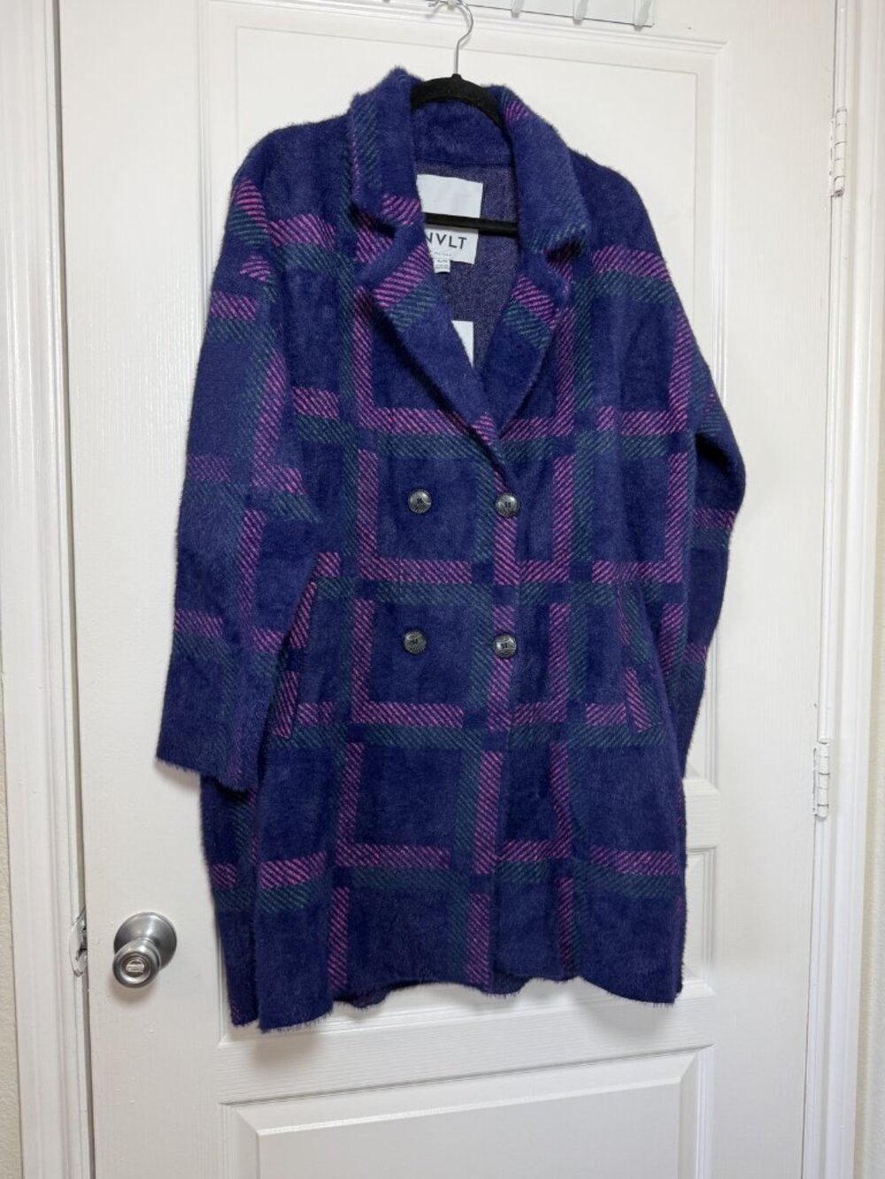 NWT NVLT Fuzzy Plaid Double Breasted Sweater Coat Navy Purple Green XL